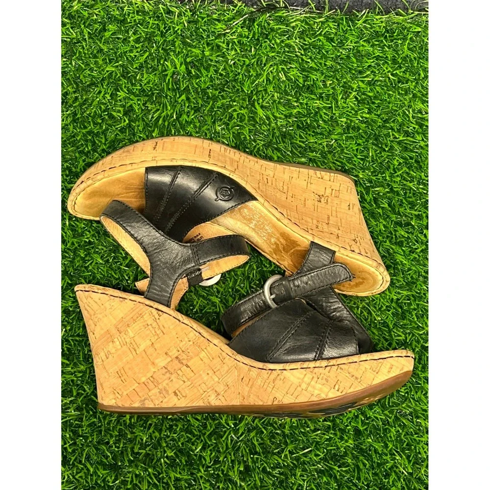 Born Womens Black Leather Cork Wedge Sandals Ankle Strap Platform Shoes Size 9